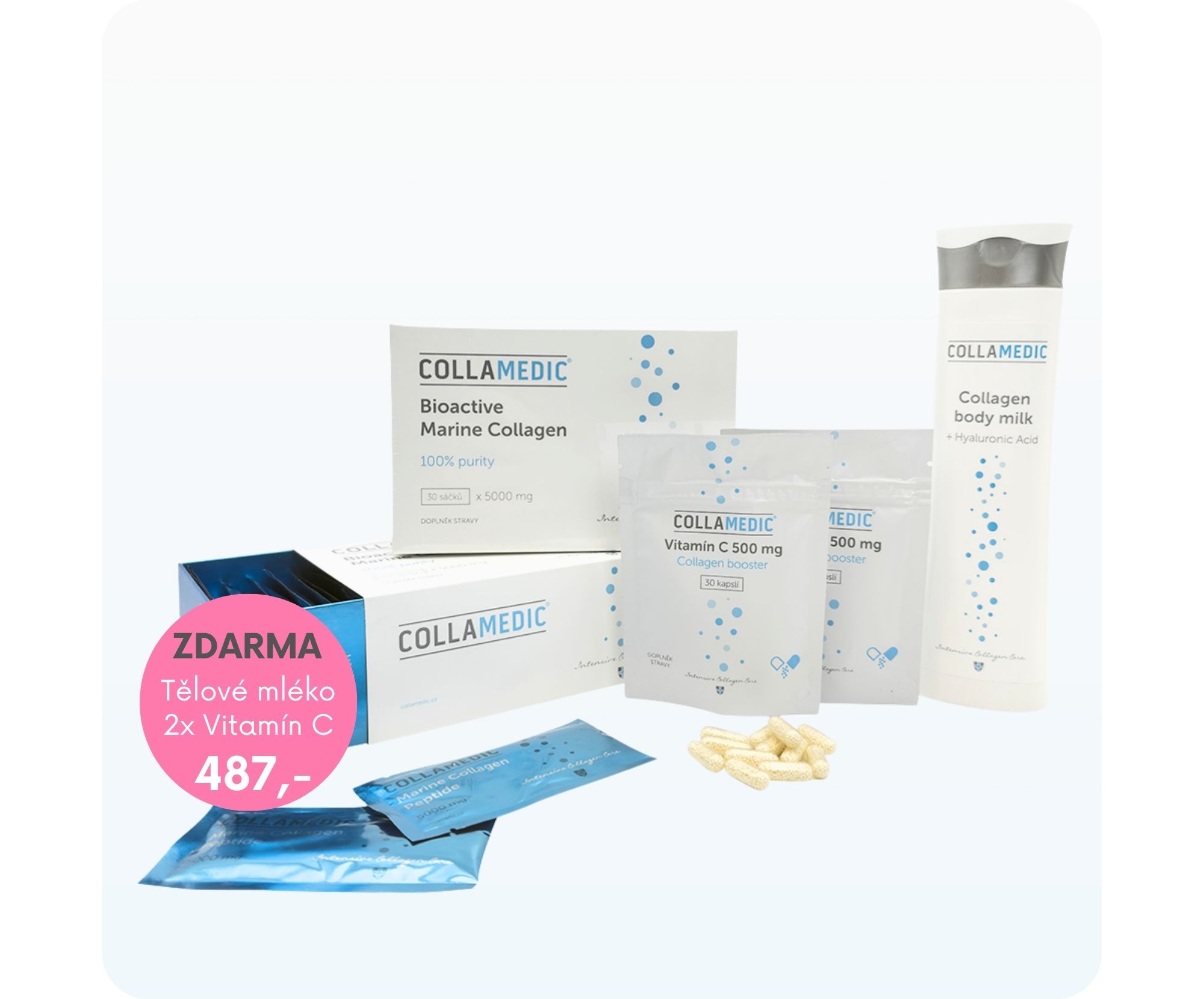 Bioaktivní mořský kolagenový prášek Collamedic (2 ks) + Tělové mléko ZDARMA akční sada (1) Bioaktivní mořský kolagenový prášek Collamedic (2 ks) + Tělové mléko ZDARMA akční sada (1)