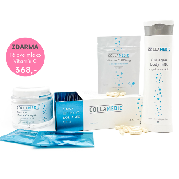 Bioaktivní mořský kolagenový prášek Collamedic + kyselina hyaluronová kapsle + Tělové mléko ZDARMA, Body Milk – akční sada