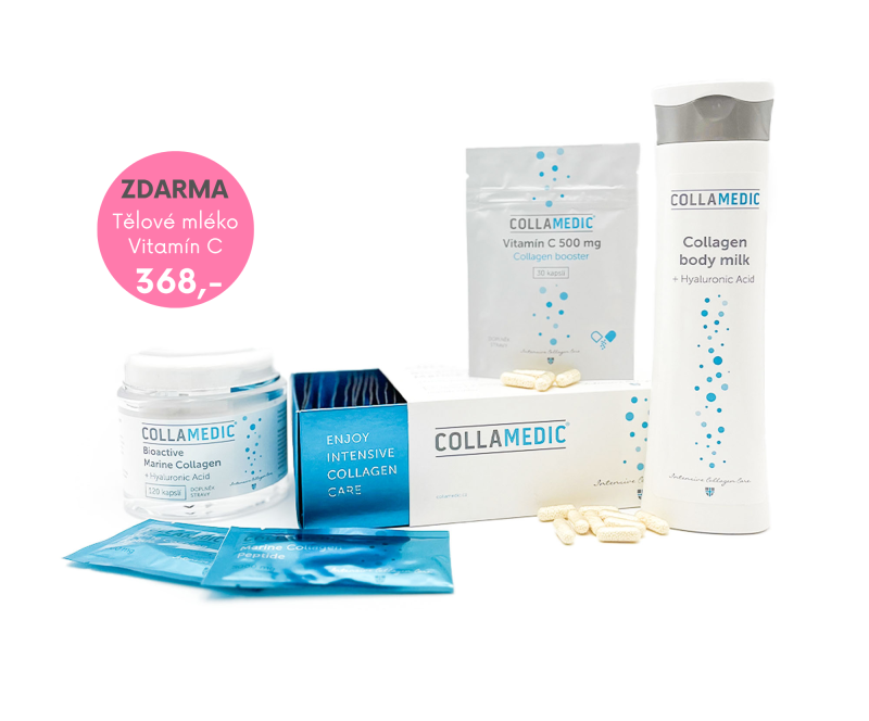 Bioaktivní mořský kolagenový prášek Collamedic + kyselina hyaluronová kapsle + Tělové mléko ZDARMA, Body Milk – akční sada