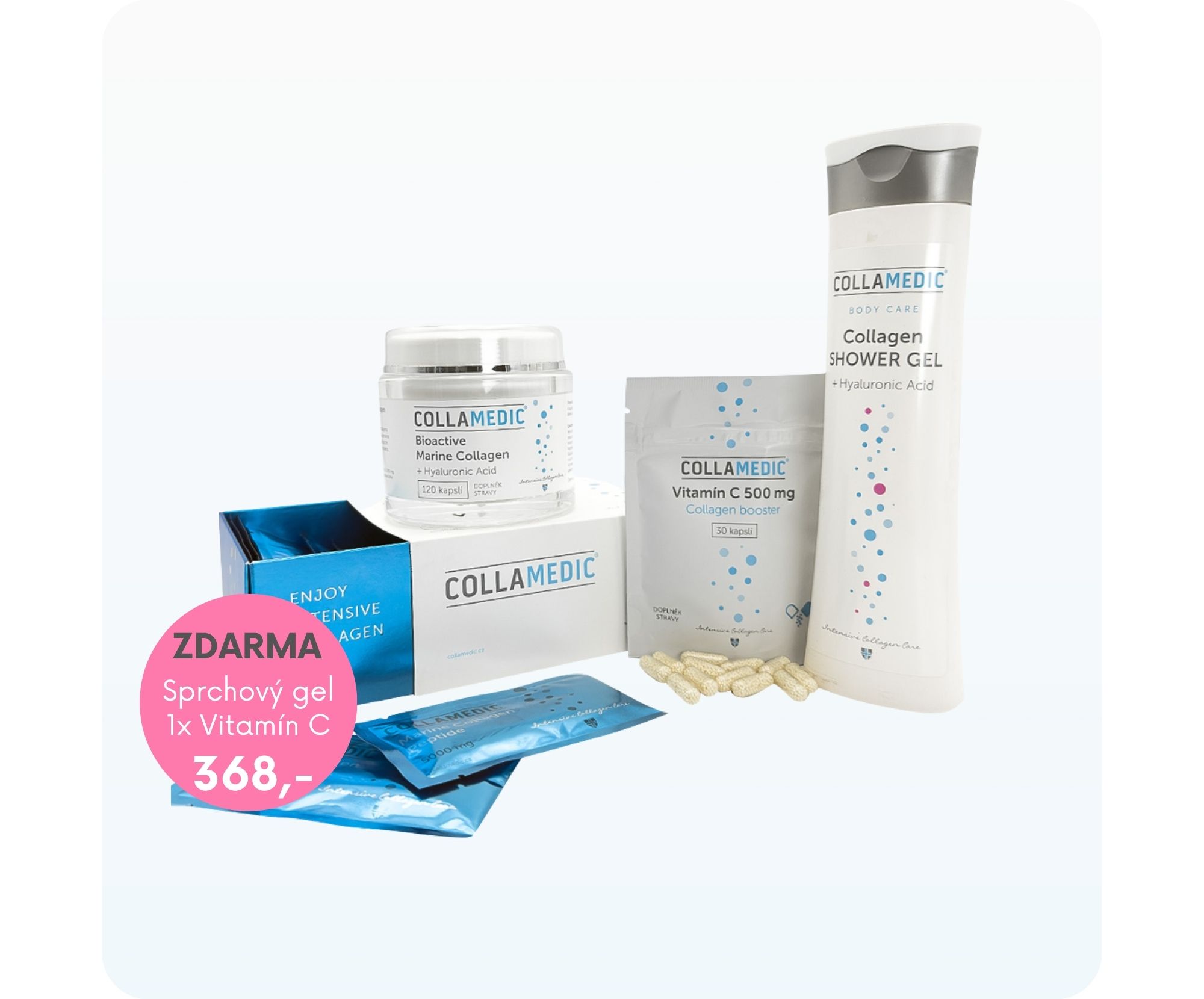 Bioaktivní mořský kolagenový prášek Collamedic + kyselina hyaluronová kapsle + Sprchový gel – akční sada Bioaktivní mořský kolagenový prášek Collamedic + kyselina hyaluronová kapsle + Sprchový gel – akční sada