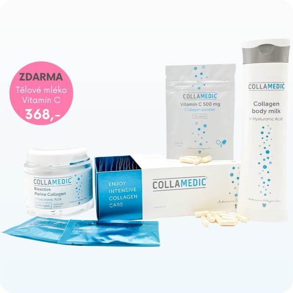 Bioaktivní mořský kolagenový prášek Collamedic + kyselina hyaluronová kapsle + Tělové mléko ZDARMA, Body Milk – akční sada